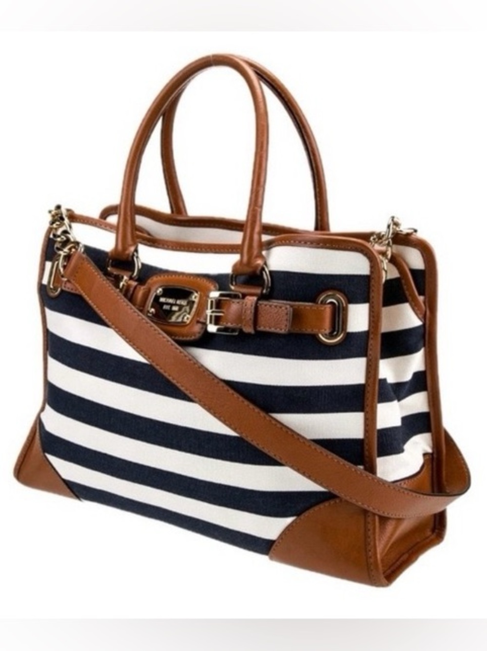 Michael Kors Navy & White Striped Satchel with Brown Trim